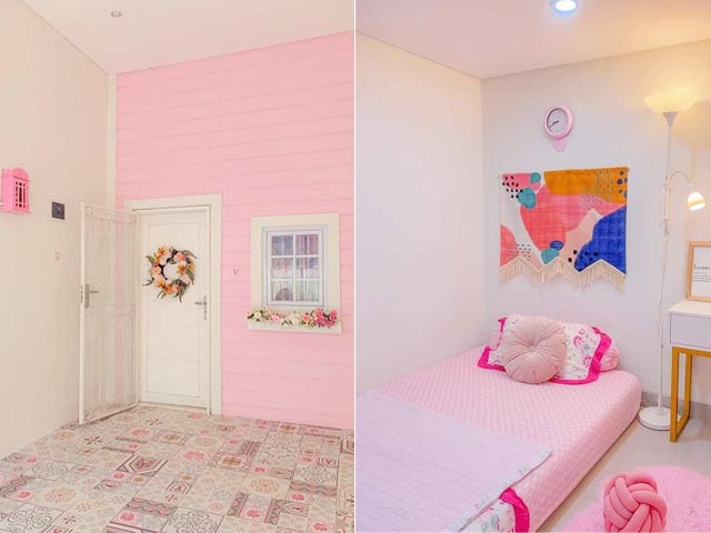 trang trí phòng ngủ bằng xốp dán tường màu hồng