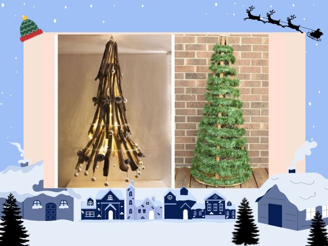 Làm cây thông Noel bằng dây kim tuyến, kết hợp cùng cây, gậy gỗ